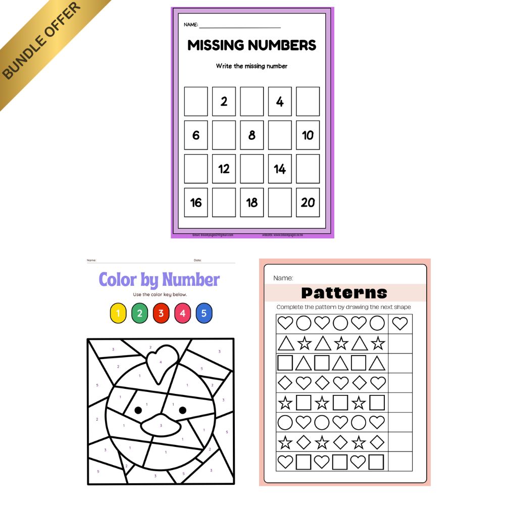 Missing Numbers, Complete the Pattern and Colour by Number Worksheet Pack